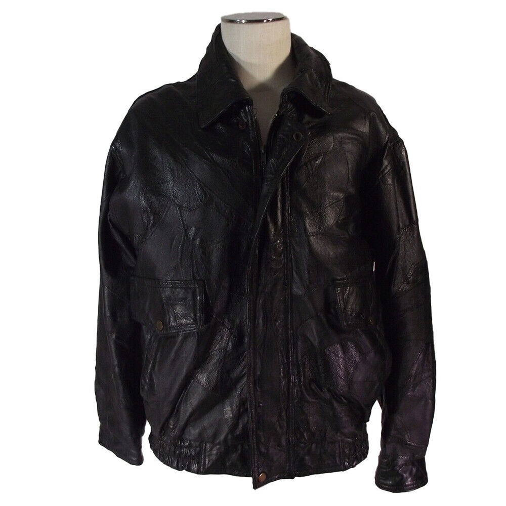 Vintage Napoline leather jacket men's medium black patchwork Biker Bomber Style